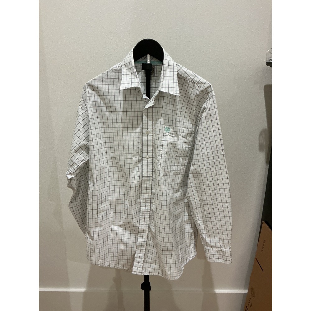 Cinch Mens Small Long Sleeve Button Down Shirt White Teal Grid Check Cotton